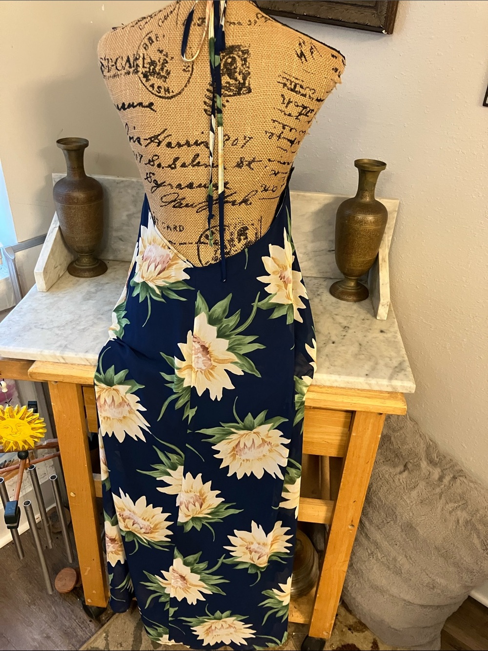 Show Me Your MuMu Navy Halter Maxi Dress with Cream & Yellow Sunflowers Sexy!
